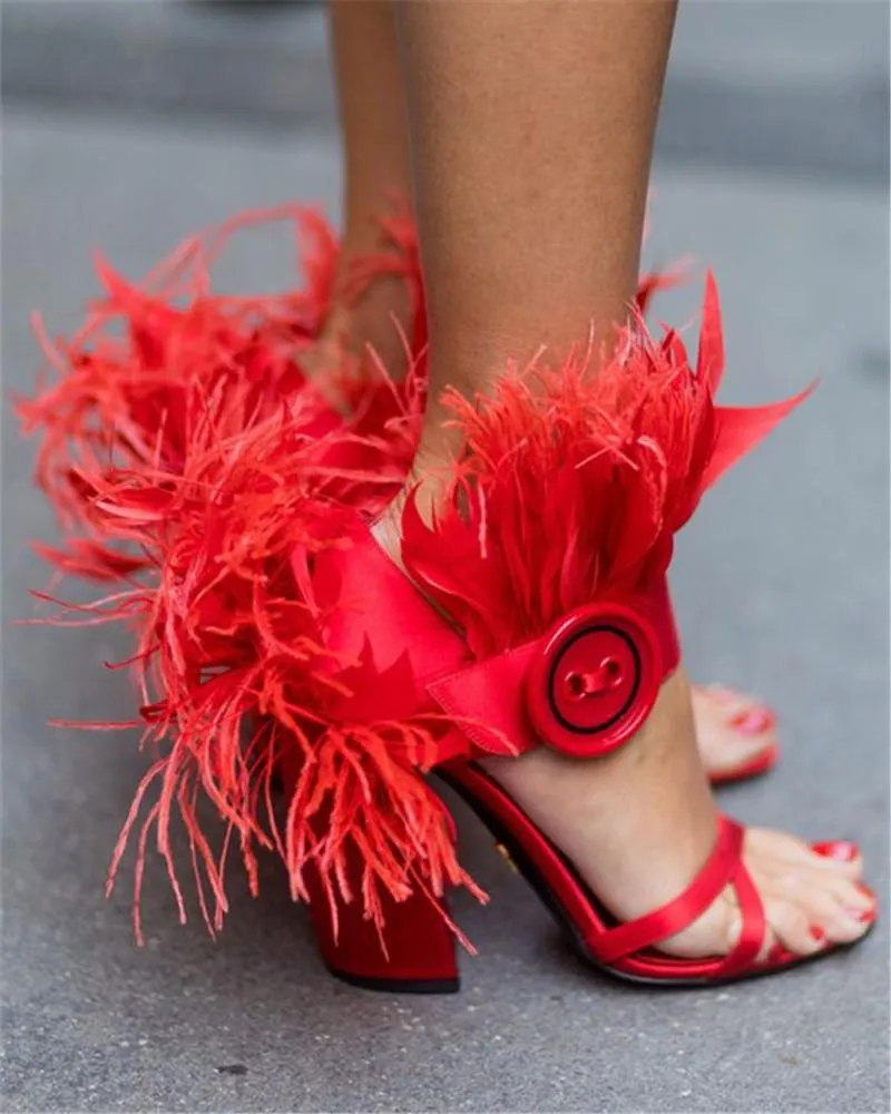 Feather-Trimmed Satin Sandals - Red or Orange