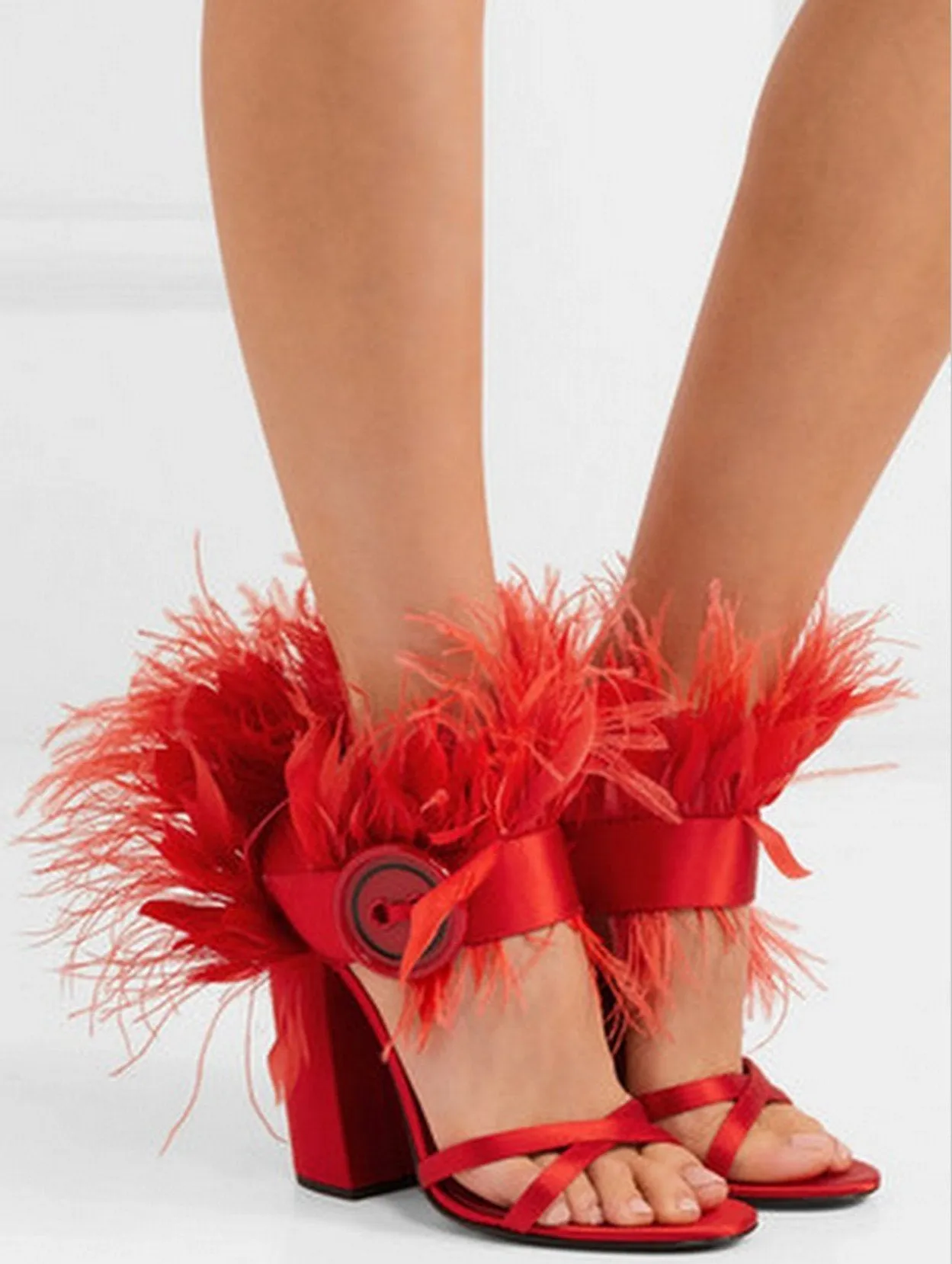 Feather-Trimmed Satin Sandals - Red or Orange