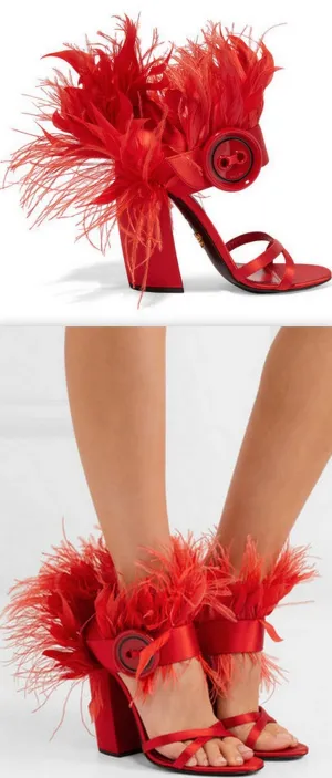 Feather-Trimmed Satin Sandals - Red or Orange