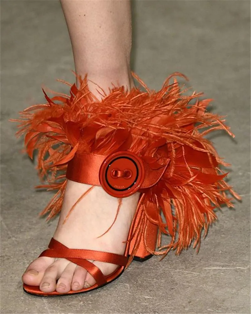 Feather-Trimmed Satin Sandals - Red or Orange
