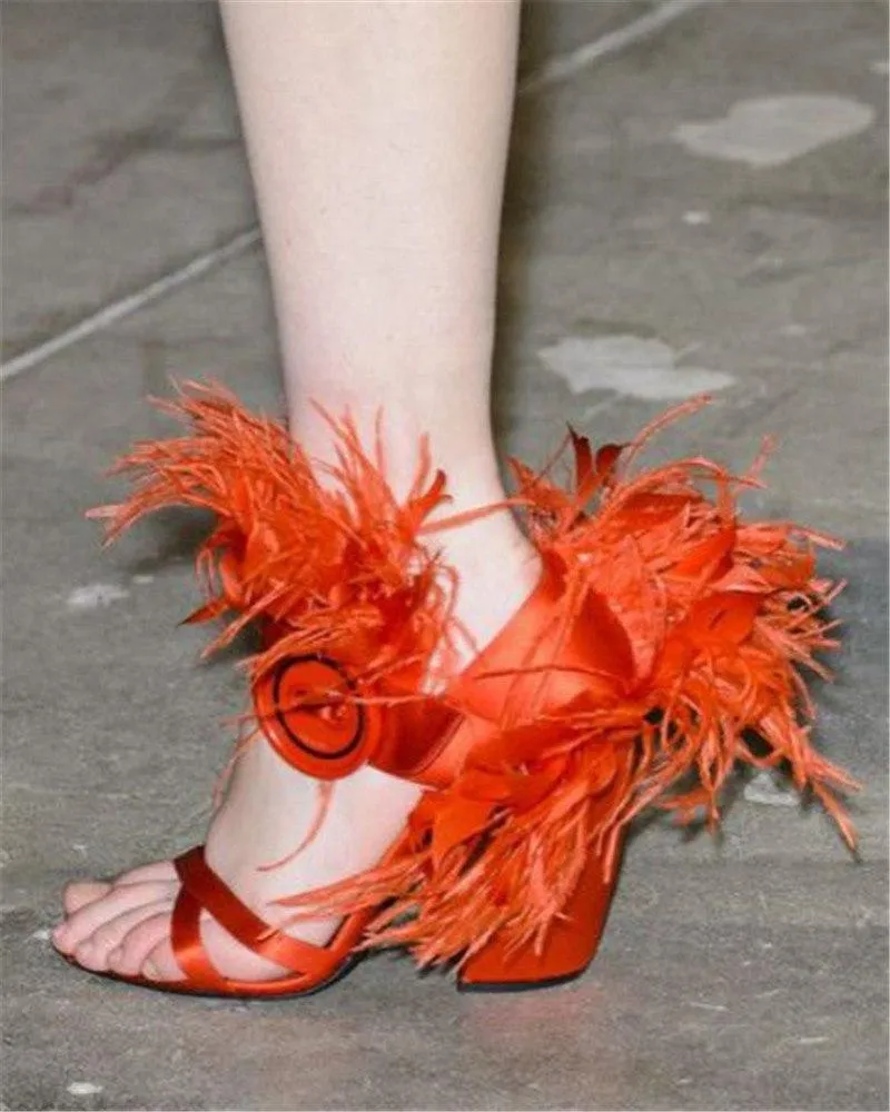 Feather-Trimmed Satin Sandals - Red or Orange