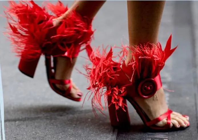 Feather-Trimmed Satin Sandals - Red or Orange