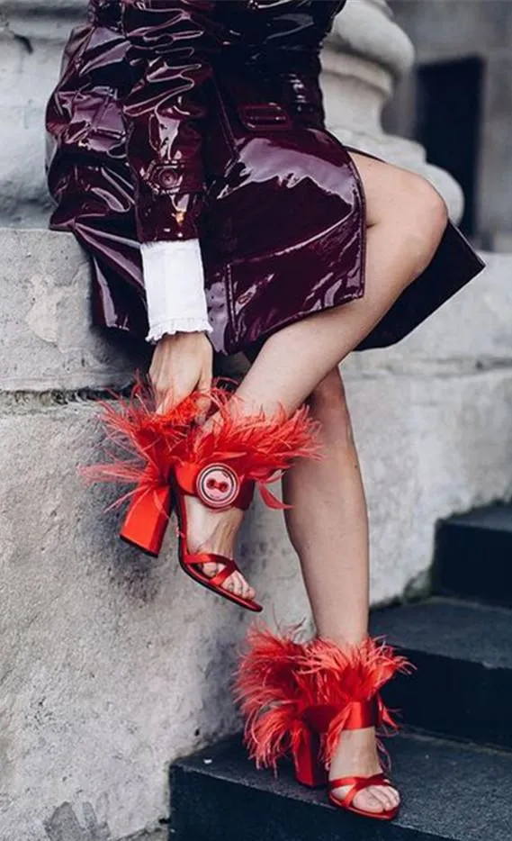Feather-Trimmed Satin Sandals - Red or Orange