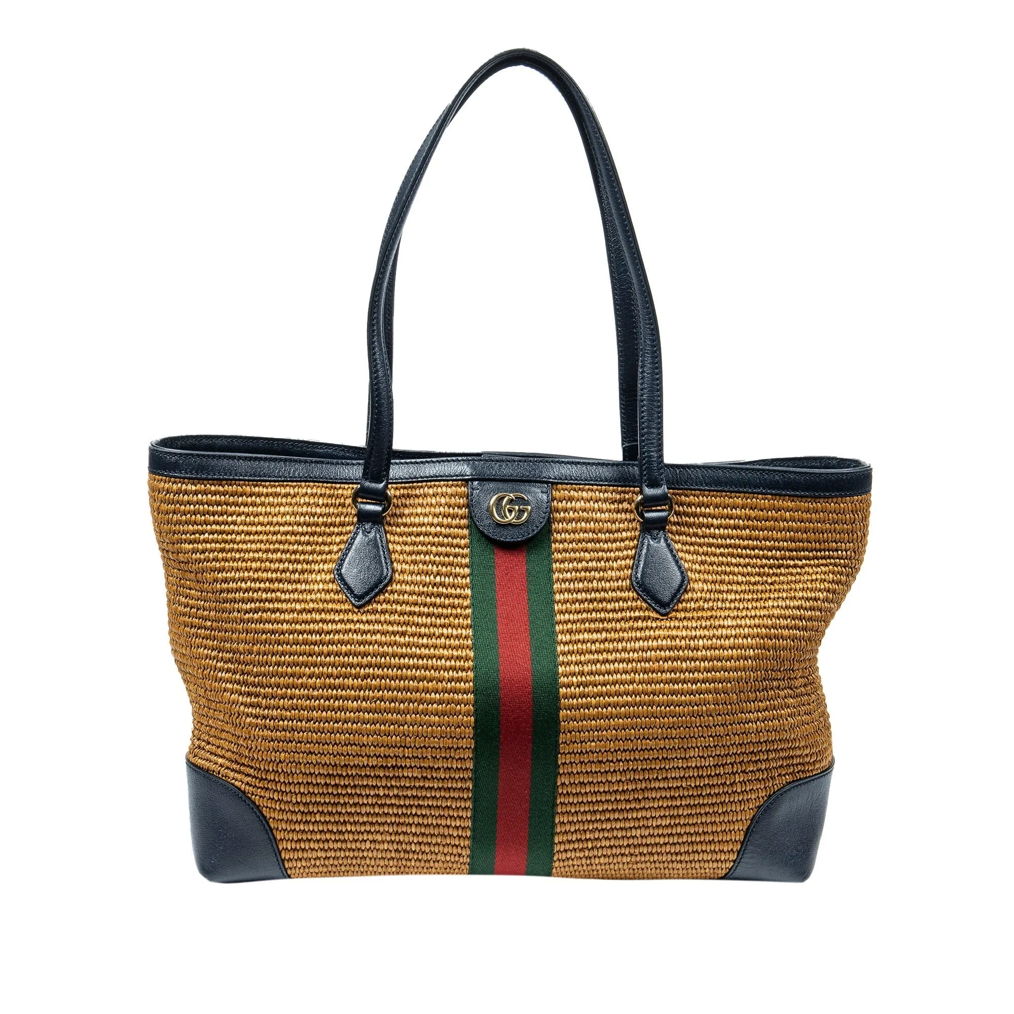 Gold Gucci Medium Raffia Ophidia Tote Bag