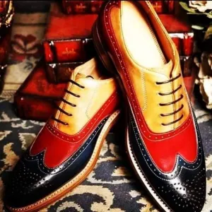 Handmade Men Three Tone Shoes, Wingtip Brogue Leather Shoes, Dress Shoes