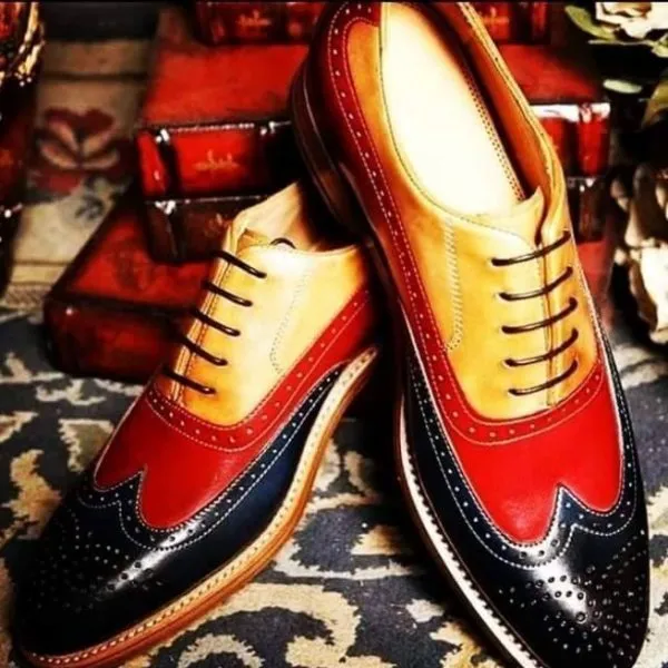 Handmade Men Three Tone Shoes, Wingtip Brogue Leather Shoes, Dress Shoes