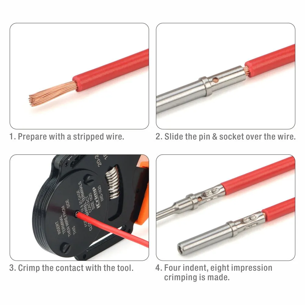 IWD-1620 Closed Barrel Crimper 4 Way Indent, 8 Impression Type for 16,18&20 Gauge Deutsch Connector, Solid Barrel Contacts