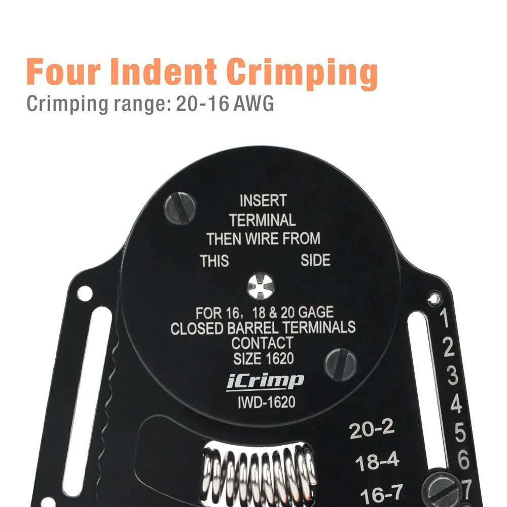 IWD-1620 Closed Barrel Crimper 4 Way Indent, 8 Impression Type for 16,18&20 Gauge Deutsch Connector, Solid Barrel Contacts