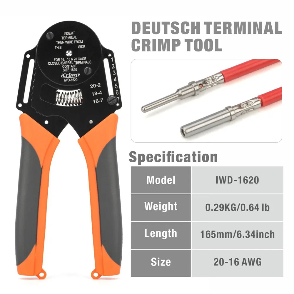IWD-1620 Closed Barrel Crimper 4 Way Indent, 8 Impression Type for 16,18&20 Gauge Deutsch Connector, Solid Barrel Contacts