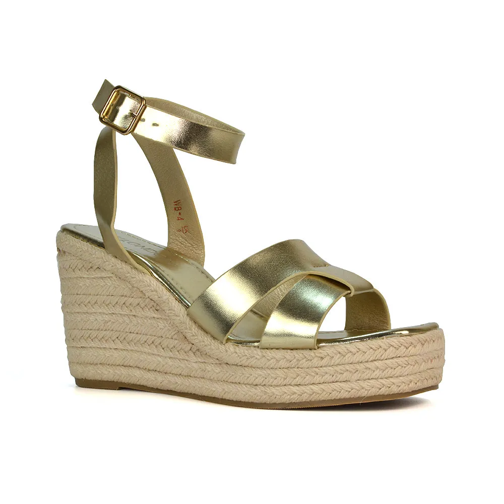 Kala Espadrille Strappy Platform Wedge Heel Sandals With a Square Toe in White