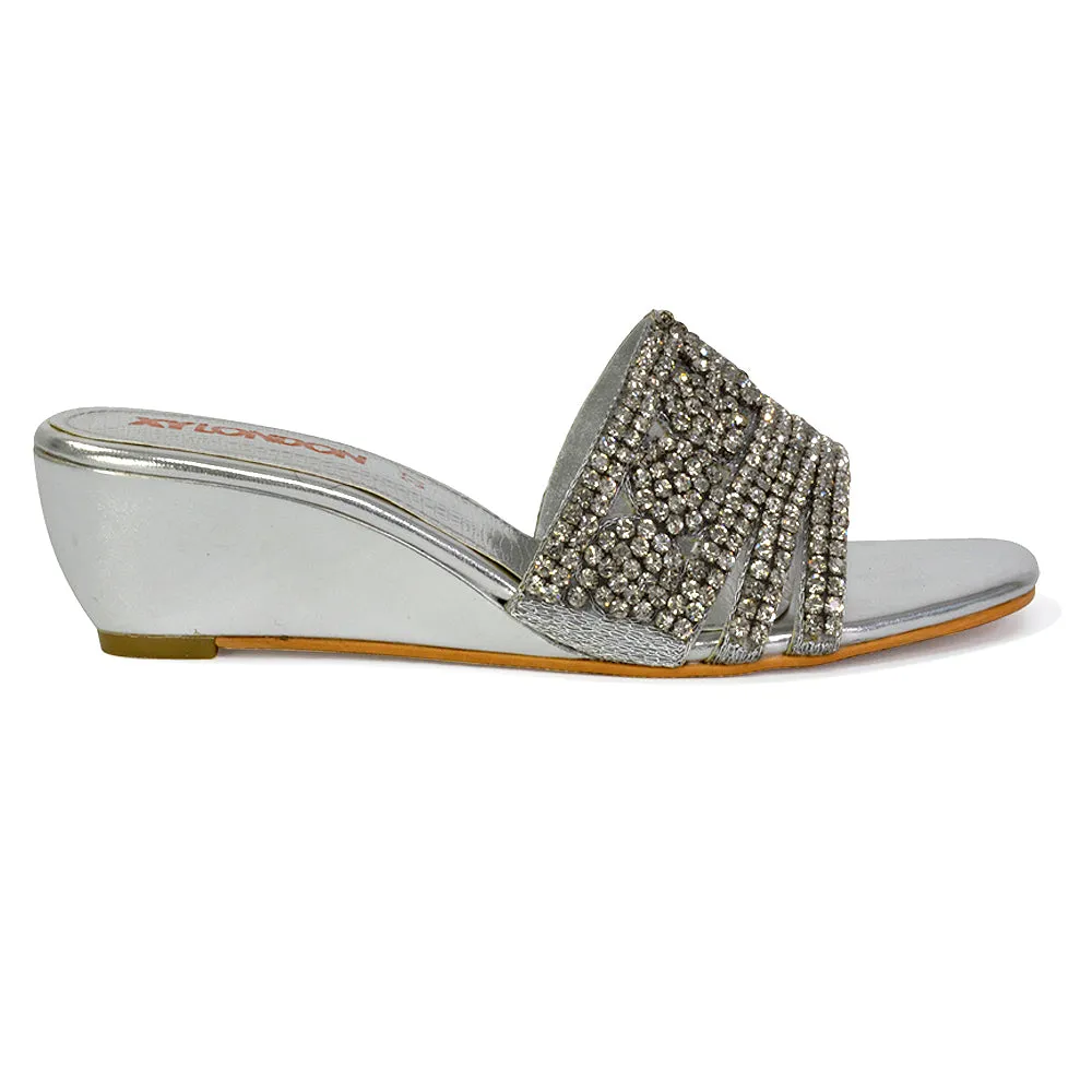 Olive Square Toe Embellished Diamante Wedge Heel Sandals in White