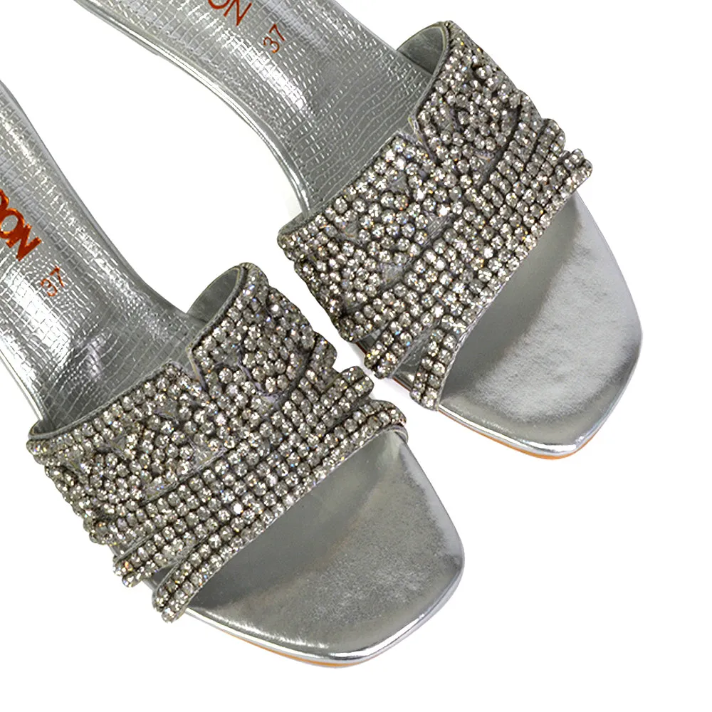 Olive Square Toe Embellished Diamante Wedge Heel Sandals in White