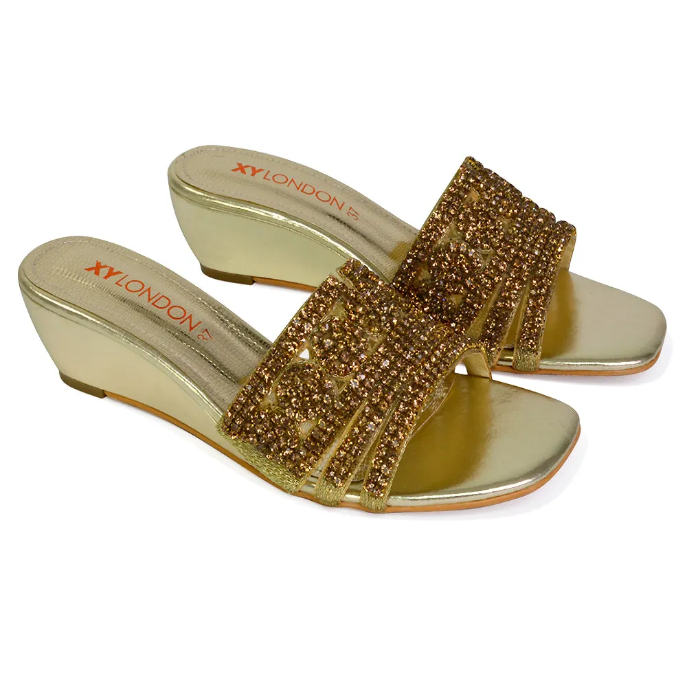 Olive Square Toe Embellished Diamante Wedge Heel Sandals in White