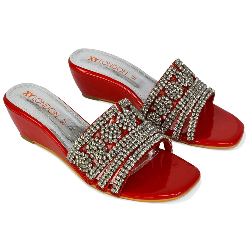 Olive Square Toe Embellished Diamante Wedge Heel Sandals in White