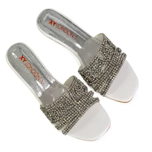 Olive Square Toe Embellished Diamante Wedge Heel Sandals in White