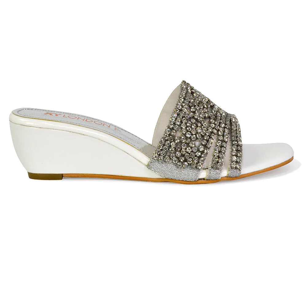 Olive Square Toe Embellished Diamante Wedge Heel Sandals in White