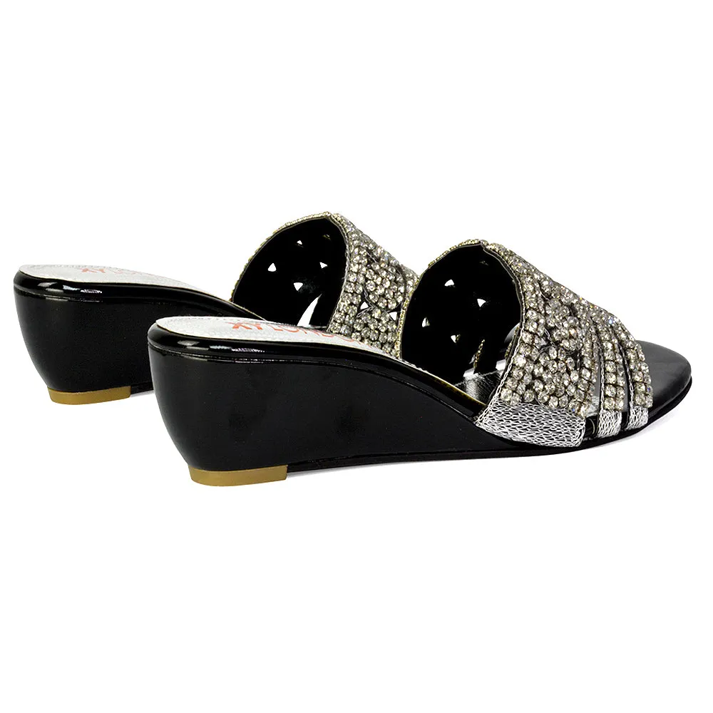 Olive Square Toe Embellished Diamante Wedge Heel Sandals in White