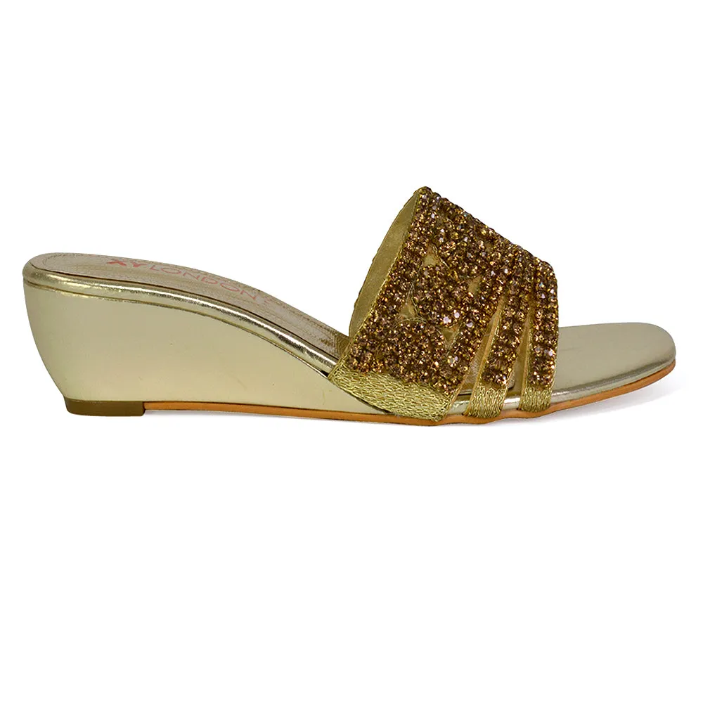 Olive Square Toe Embellished Diamante Wedge Heel Sandals in White