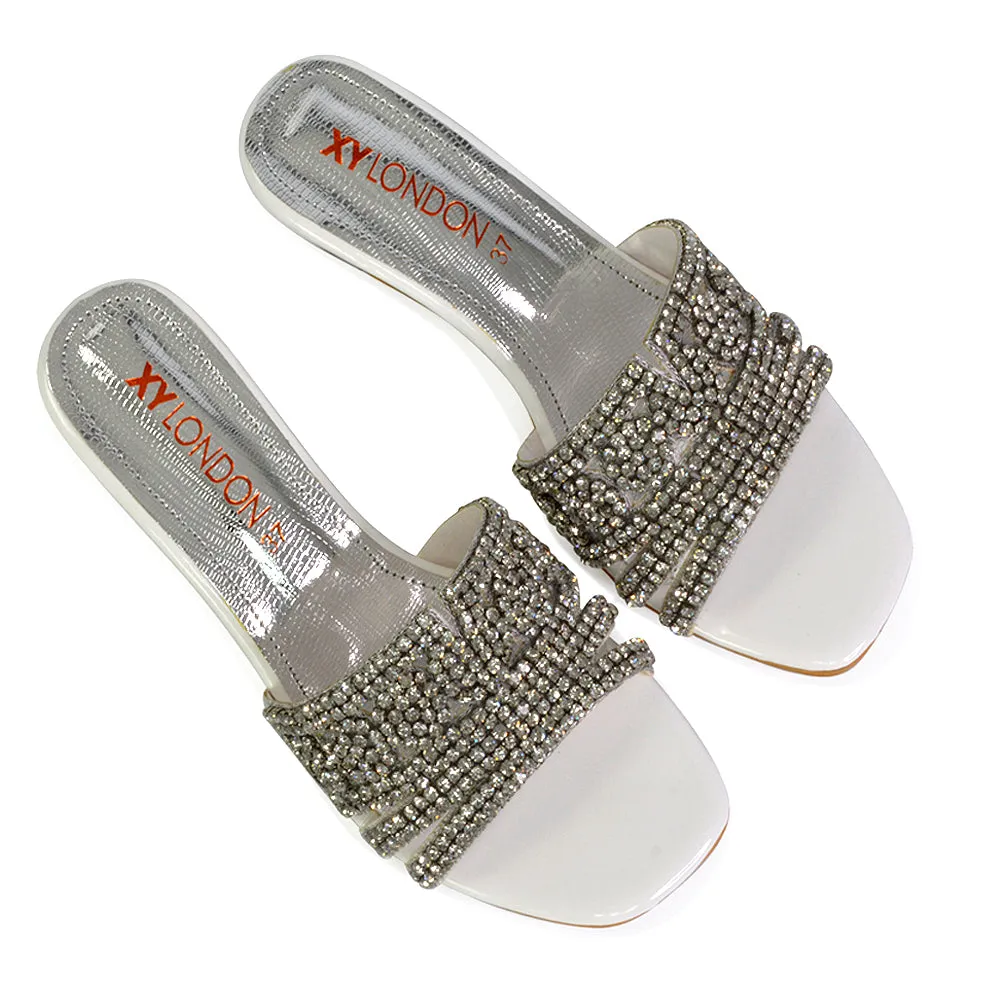 Olive Square Toe Embellished Diamante Wedge Heel Sandals in White