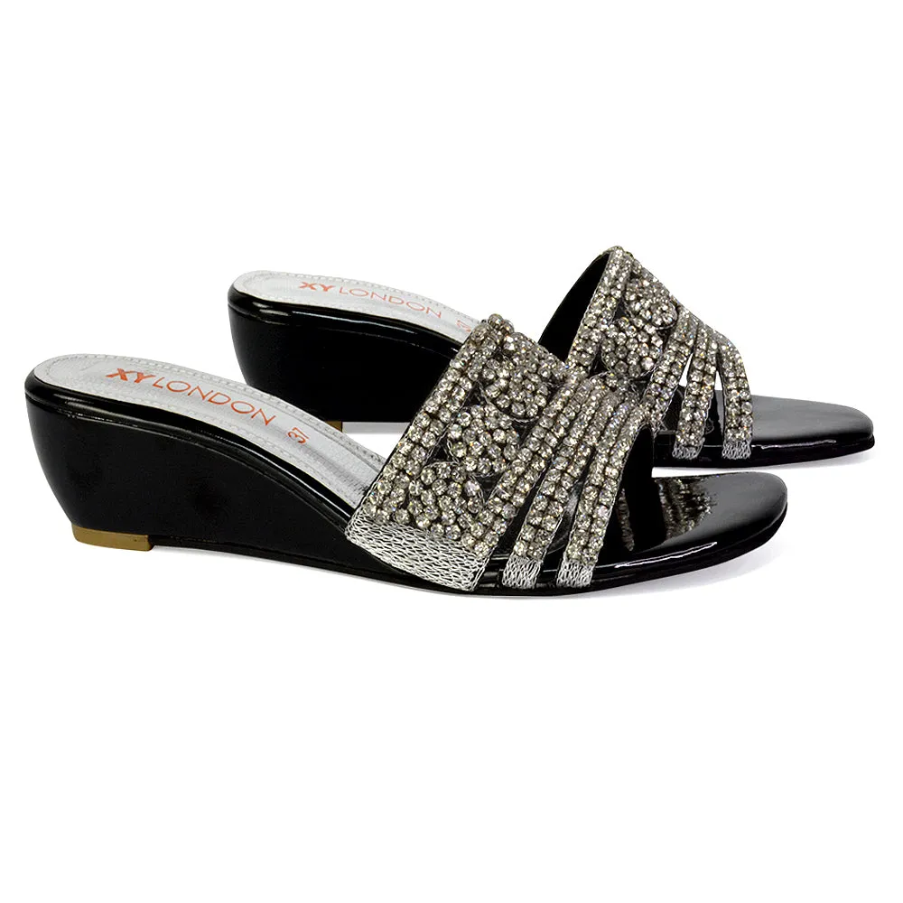 Olive Square Toe Embellished Diamante Wedge Heel Sandals in White