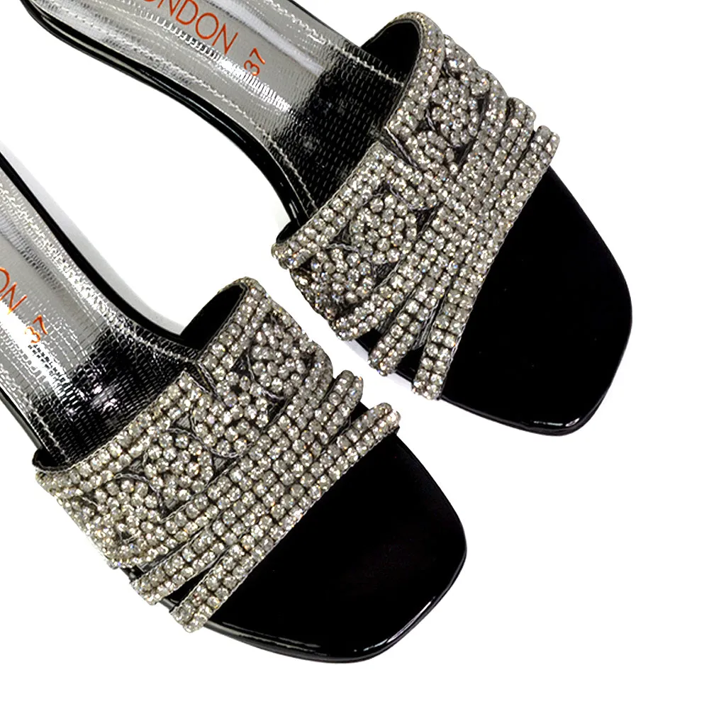 Olive Square Toe Embellished Diamante Wedge Heel Sandals in White