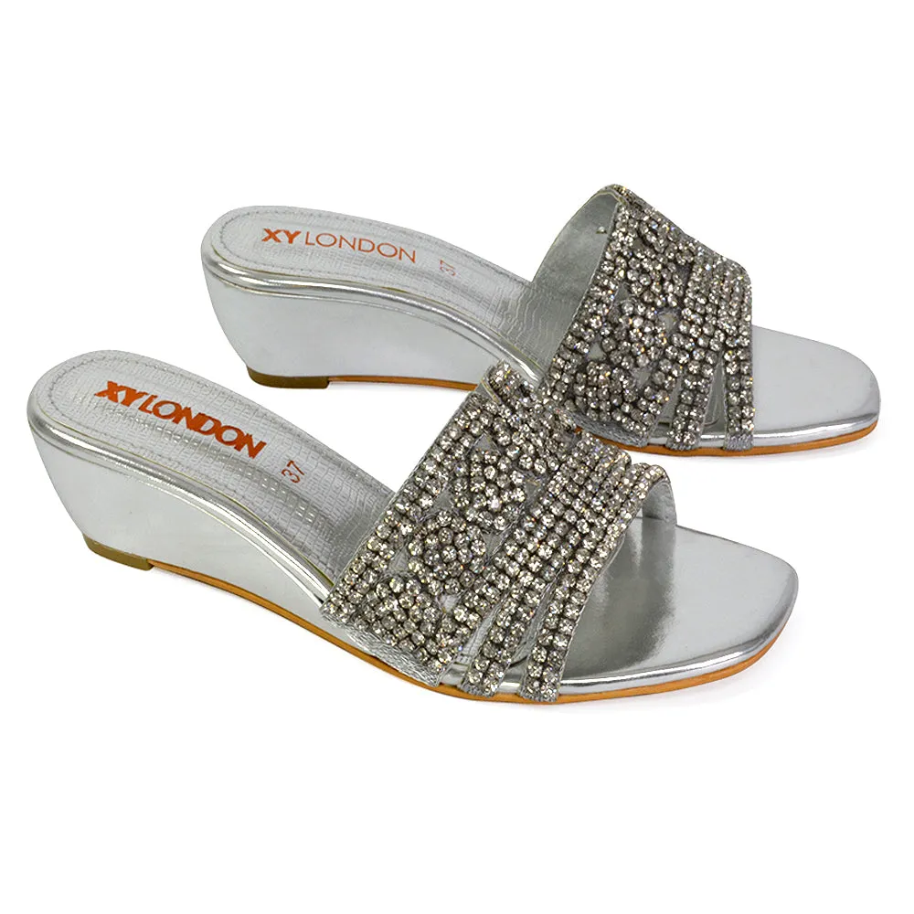 Olive Square Toe Embellished Diamante Wedge Heel Sandals in White