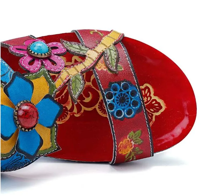 SOCOFY  Hand Painted Genuine Leather Bohemian Style  Sandals