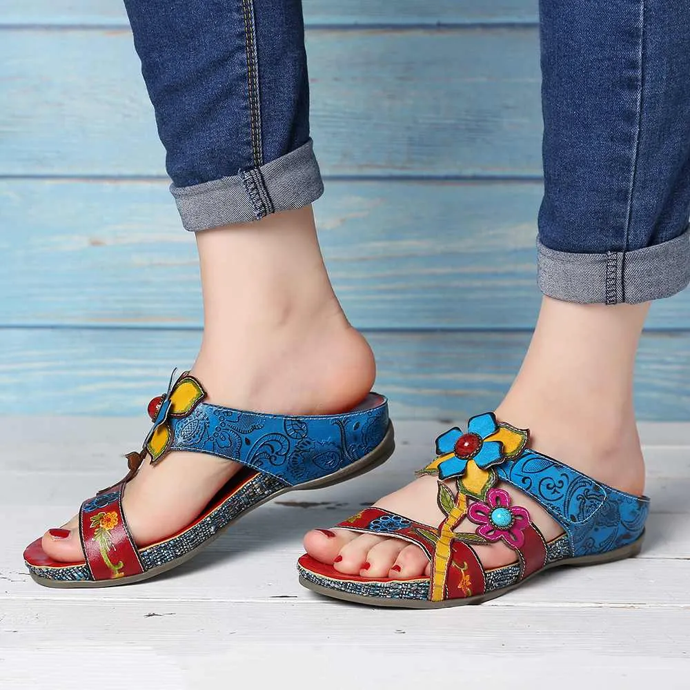 SOCOFY  Hand Painted Genuine Leather Bohemian Style  Sandals