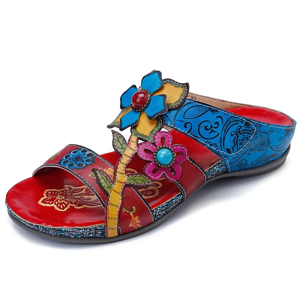SOCOFY  Hand Painted Genuine Leather Bohemian Style  Sandals