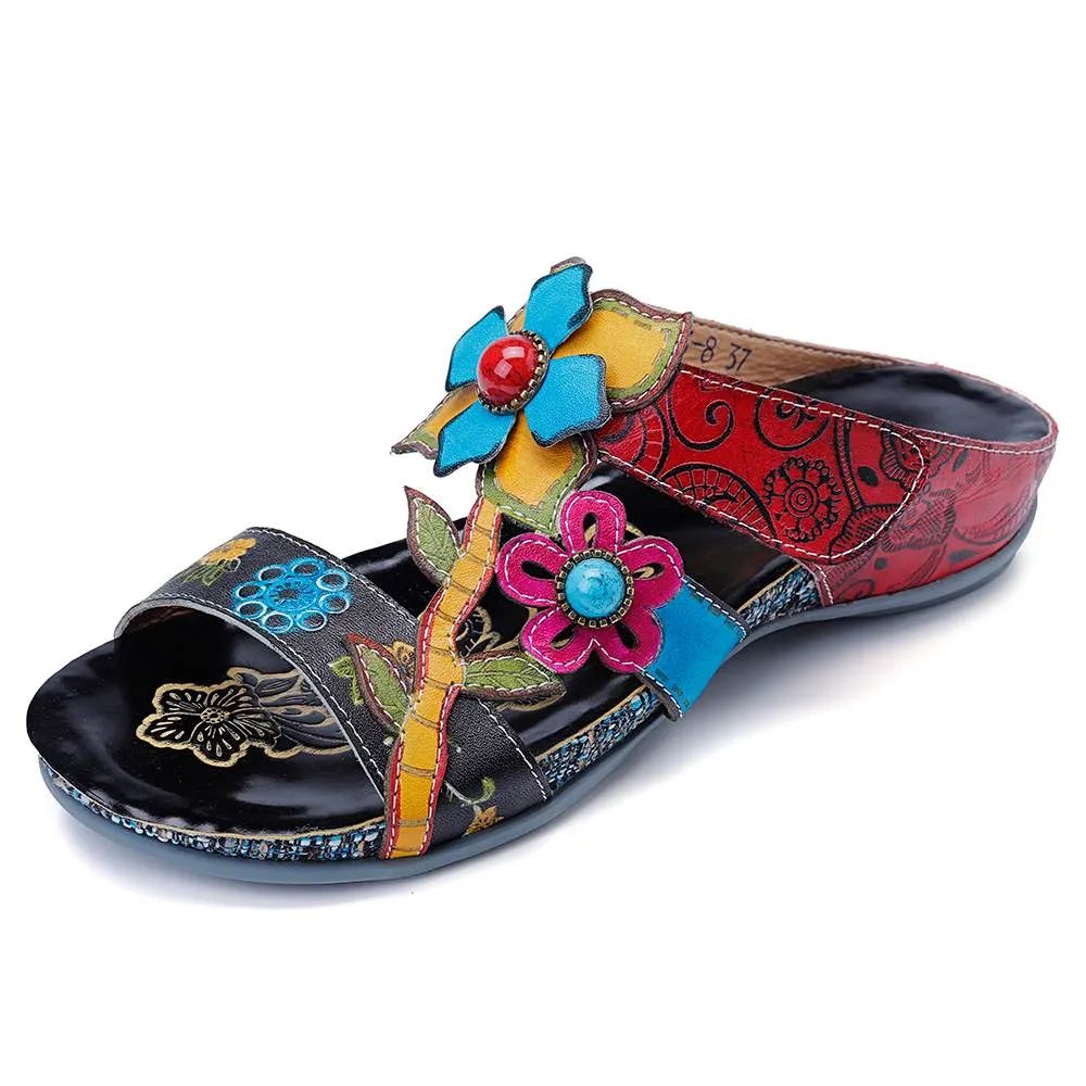 SOCOFY  Hand Painted Genuine Leather Bohemian Style  Sandals