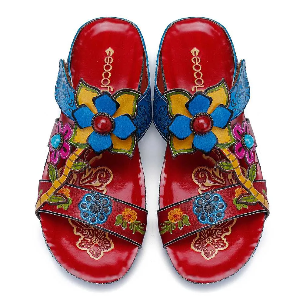 SOCOFY  Hand Painted Genuine Leather Bohemian Style  Sandals