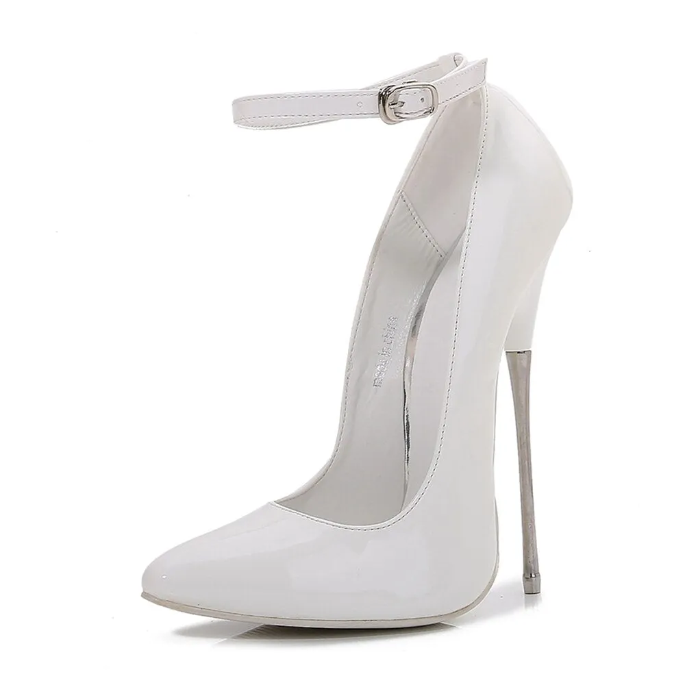 Tikicup Sexy Metal Stiletto 16cm Extreme High Heels Women Patent Slingbacks Pumps Fetish Ankle Strap Model Party Unisex Shoes