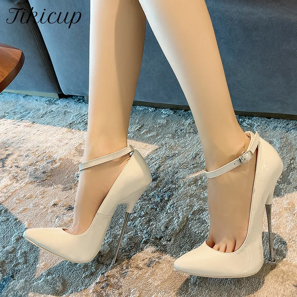 Tikicup Sexy Metal Stiletto 16cm Extreme High Heels Women Patent Slingbacks Pumps Fetish Ankle Strap Model Party Unisex Shoes
