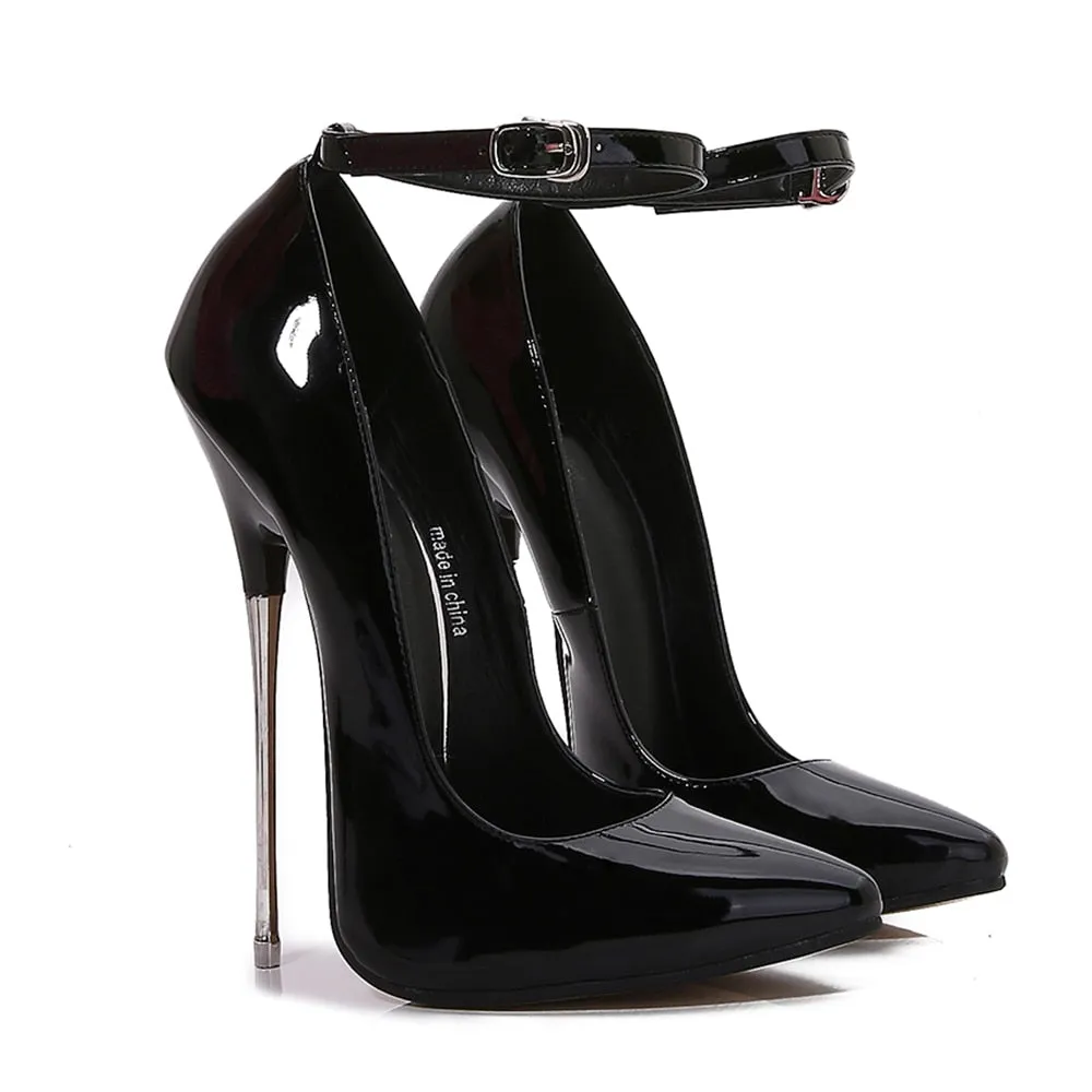 Tikicup Sexy Metal Stiletto 16cm Extreme High Heels Women Patent Slingbacks Pumps Fetish Ankle Strap Model Party Unisex Shoes
