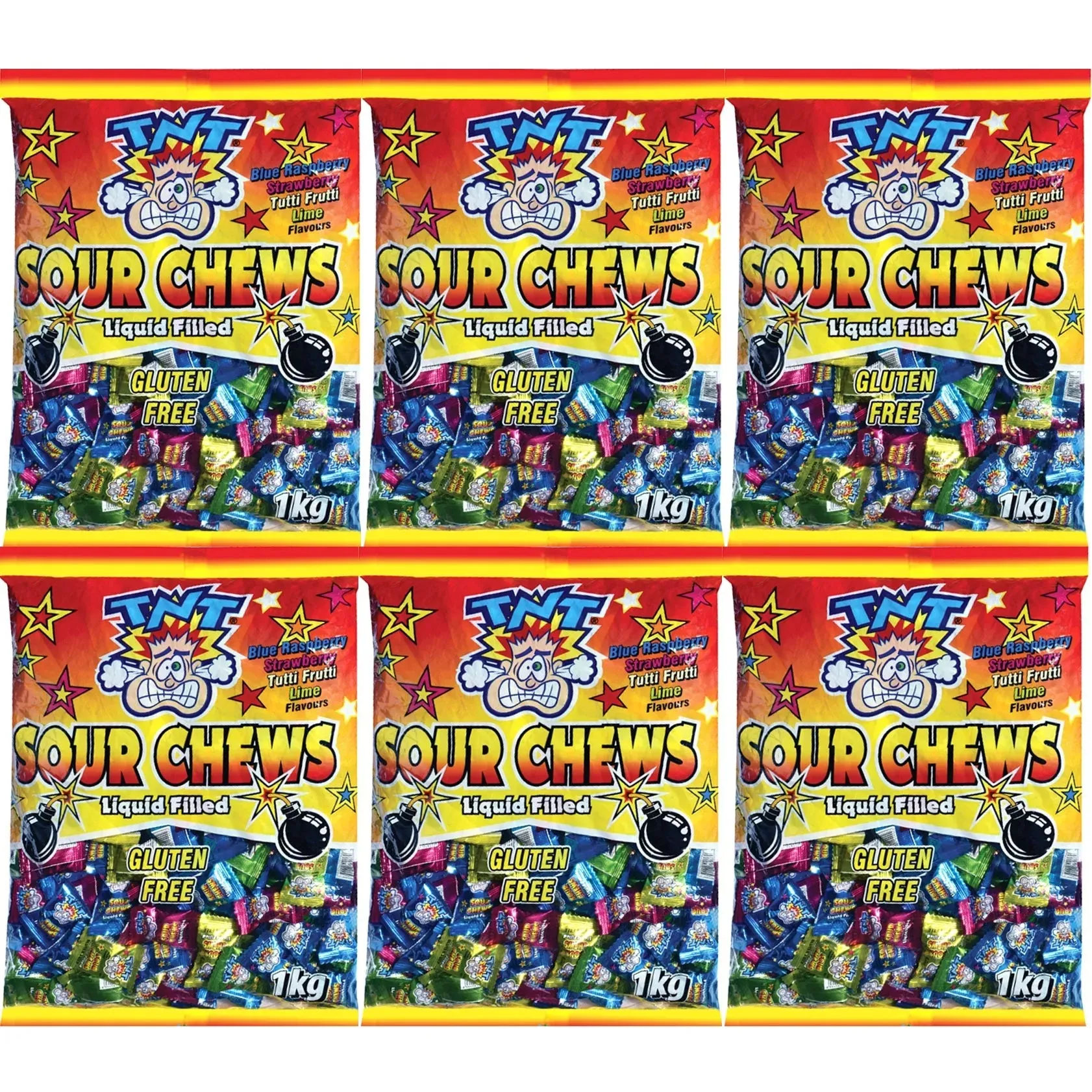 TNT Sour Chews Lollies Candy Liquid Filled Assorted Flavours 1kg Bag 6 Pack