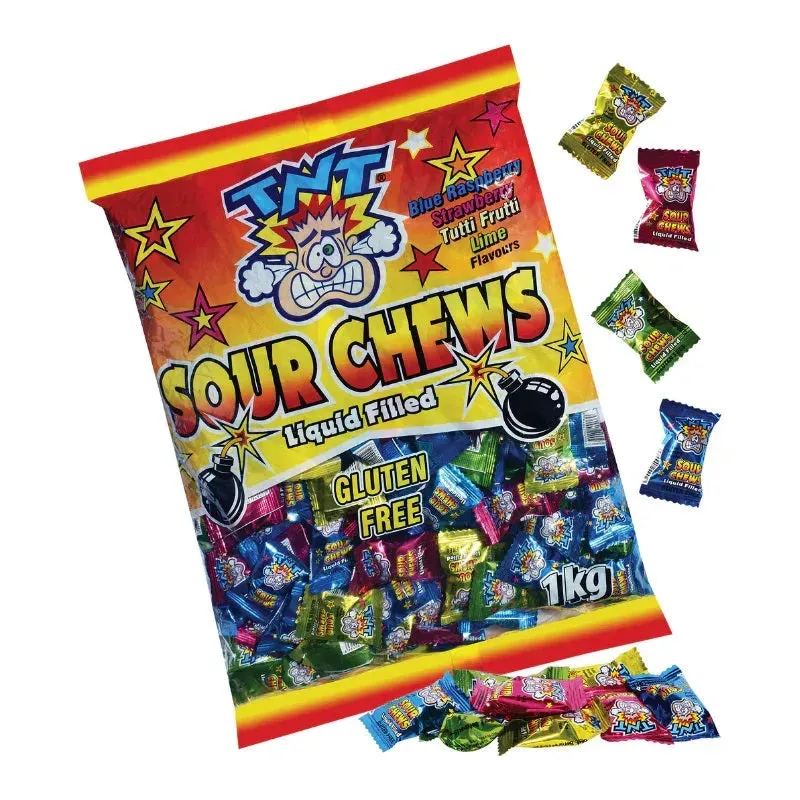 TNT Sour Chews Lollies Candy Liquid Filled Assorted Flavours 1kg Bag 6 Pack