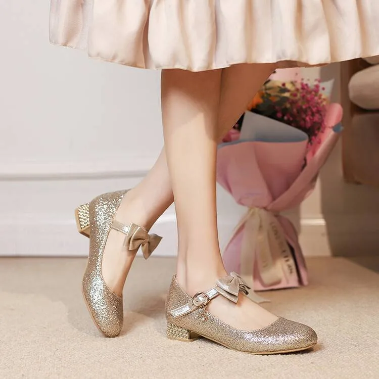 Women Sparkling Sequins Shallow Mary Janes Block Heel Pumps for Wedding