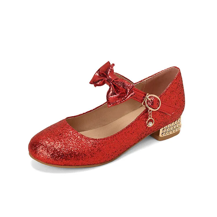 Women Sparkling Sequins Shallow Mary Janes Block Heel Pumps for Wedding