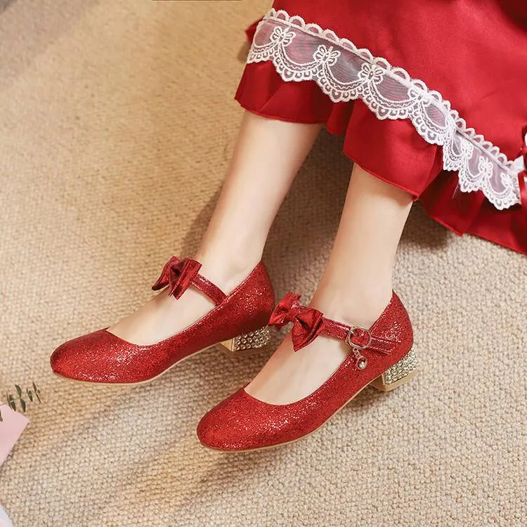 Women Sparkling Sequins Shallow Mary Janes Block Heel Pumps for Wedding