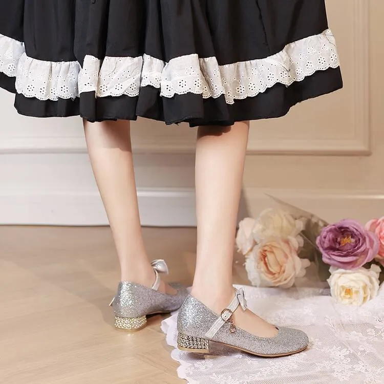 Women Sparkling Sequins Shallow Mary Janes Block Heel Pumps for Wedding