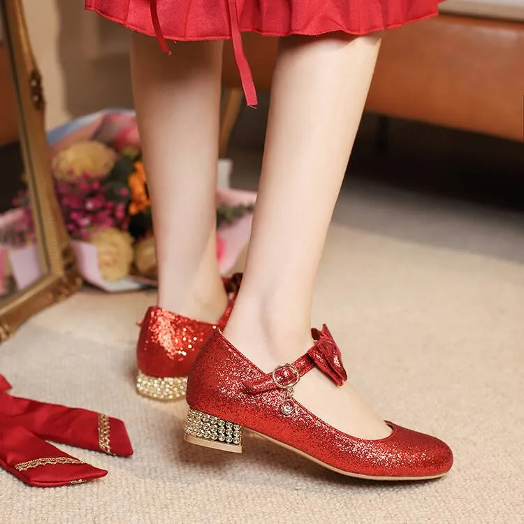 Women Sparkling Sequins Shallow Mary Janes Block Heel Pumps for Wedding