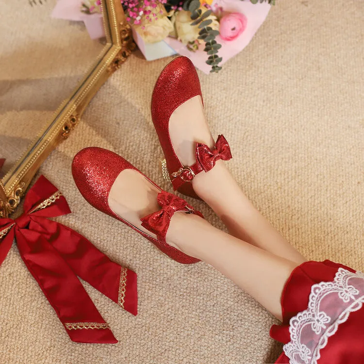 Women Sparkling Sequins Shallow Mary Janes Block Heel Pumps for Wedding