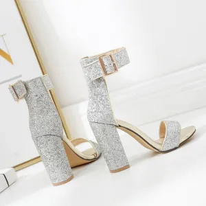 Women sparkly rhinestone peep toe ankle buckle strap chunky high heels