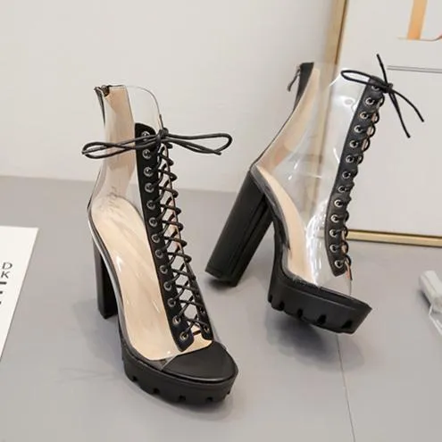 Women summer clear peep toe lace up chunky platform sandals