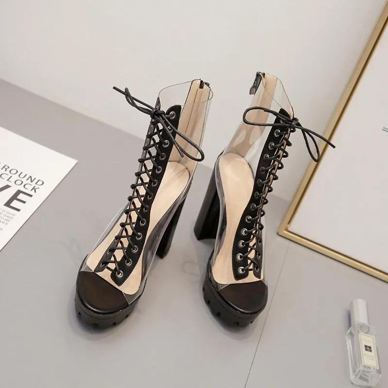 Women summer clear peep toe lace up chunky platform sandals