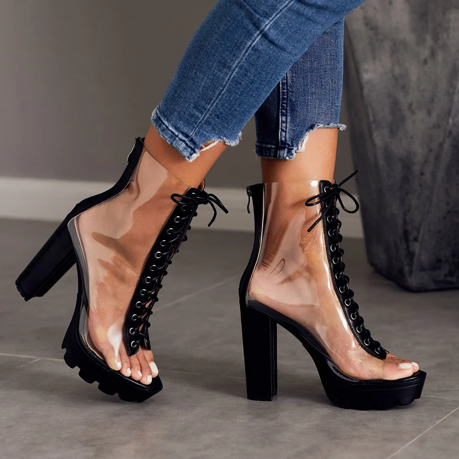 Women summer clear peep toe lace up chunky platform sandals