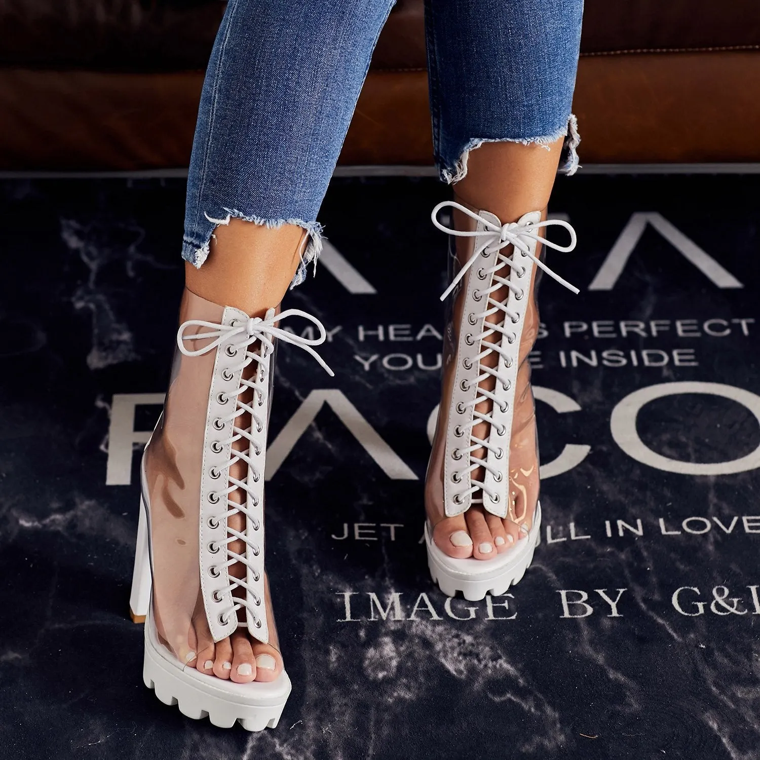 Women summer clear peep toe lace up chunky platform sandals