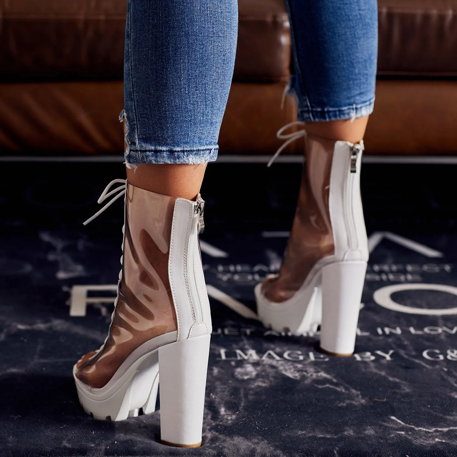 Women summer clear peep toe lace up chunky platform sandals