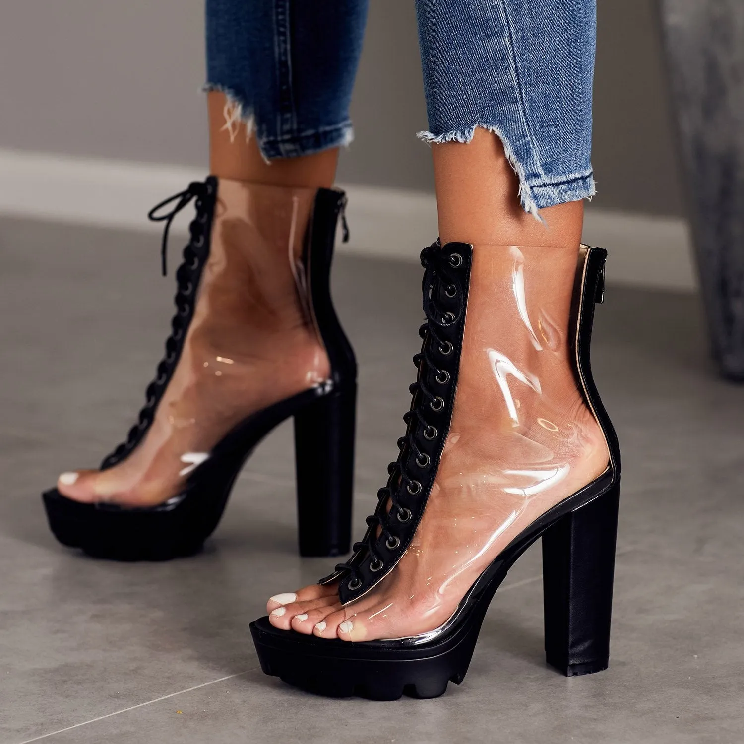 Women summer clear peep toe lace up chunky platform sandals