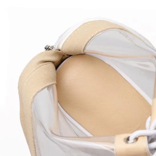 Women summer clear peep toe lace up chunky platform sandals